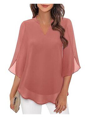 Womens Chiffon Blouse Bell Sleeve V Neck Flowy Dressy Casual Work Office Top